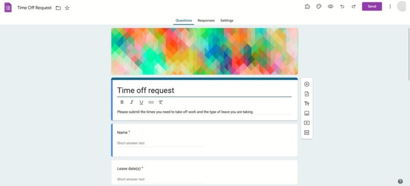 Time off request template visible in Google Forms.