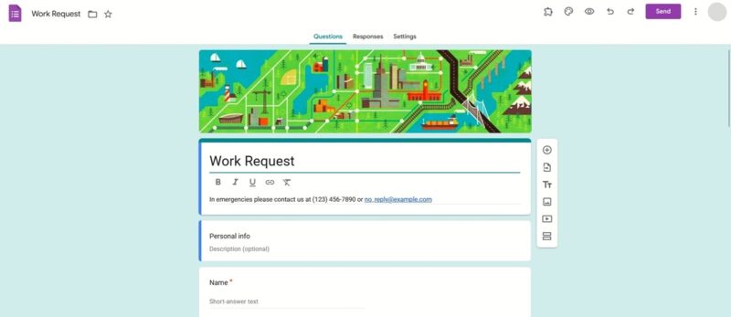 Work Request template visible in Google Forms.