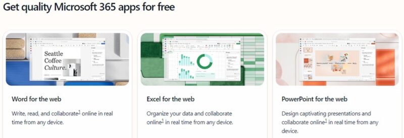 Microsoft showing Word, Excel, and PowerPoint for free.