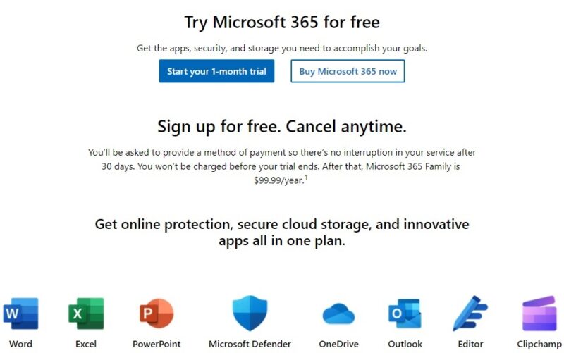 Free trial details for Microsoft Office 365.