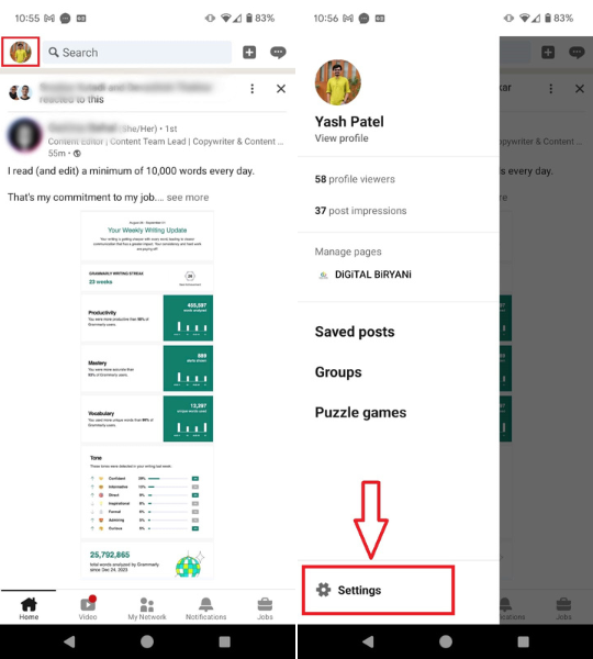 Open Settings option on LinkedIn mobile app.