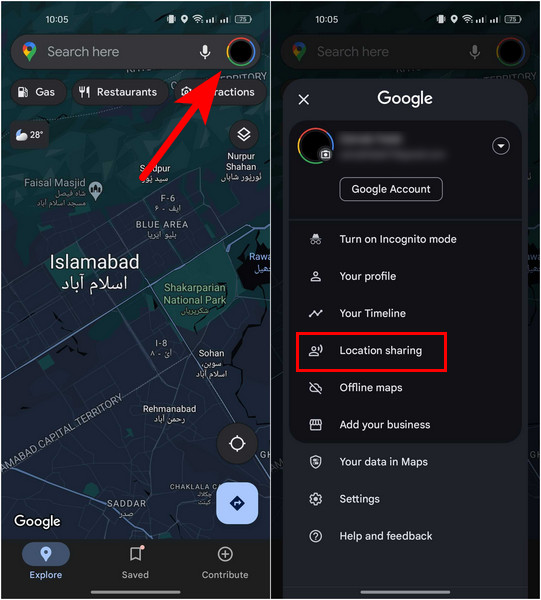 Accessing the Location Sharing option in Google Maps