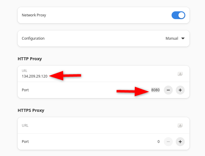 Specifying IP address and Port number for configuring manual proxy.