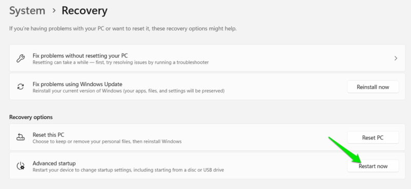 Open WinRE from Windows Recovery Settings