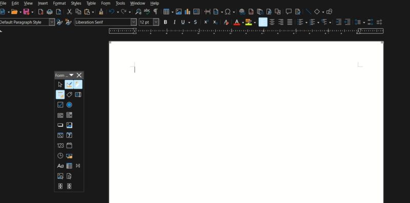 Forms toolbar visible in LibreOffice Writer.