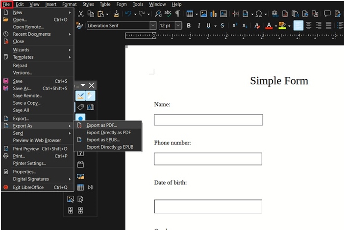 Opting for the "Export as PDF" option in LibreOffice document.