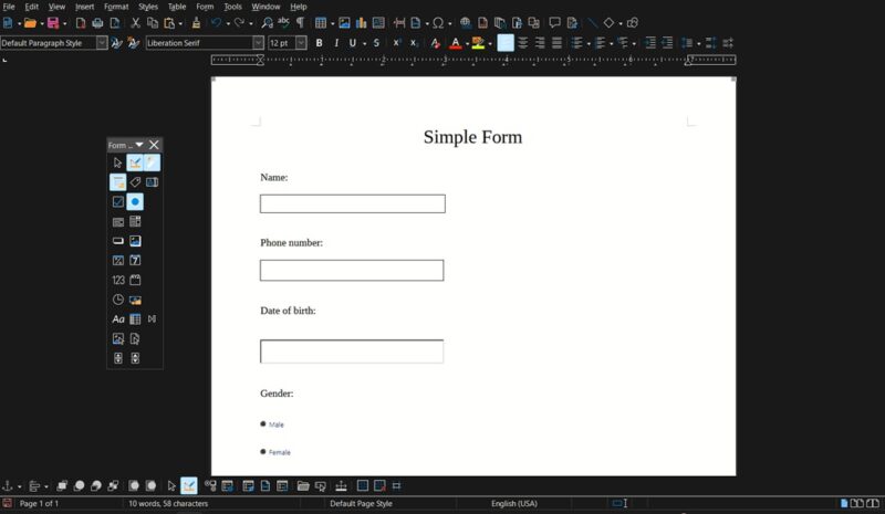 Simple form view created with LibreOffice. 