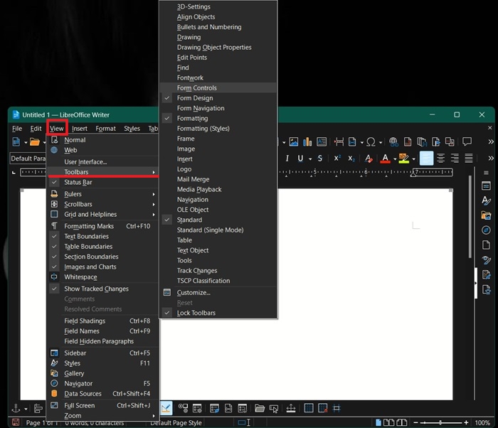 Activating Form Controls toolbar in LibreOffice Writer.