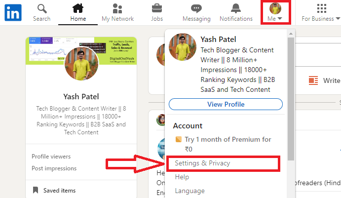 Click on the Settings & Privacy option from Me tab on LinkedIn Web.