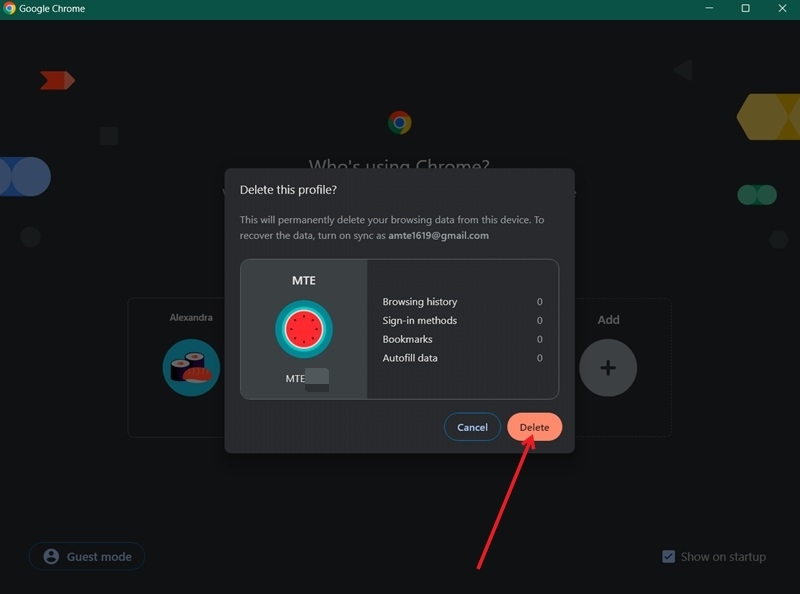 Confirming the deletion of select profile in Google Chrome browser.