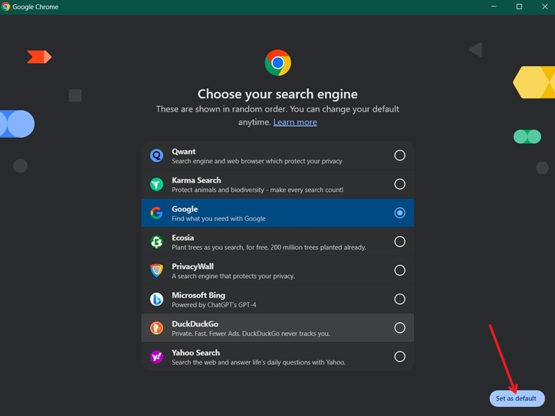 Selecting default search engine for new profile in Chrome browser.