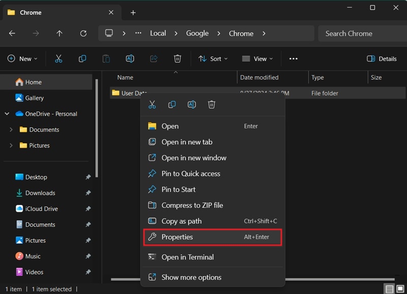 Selecting Properties option in context menu for folder in File Manager.