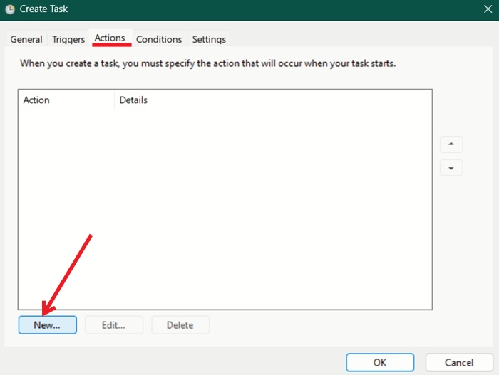 Creating a new action in in Task Scheduler.