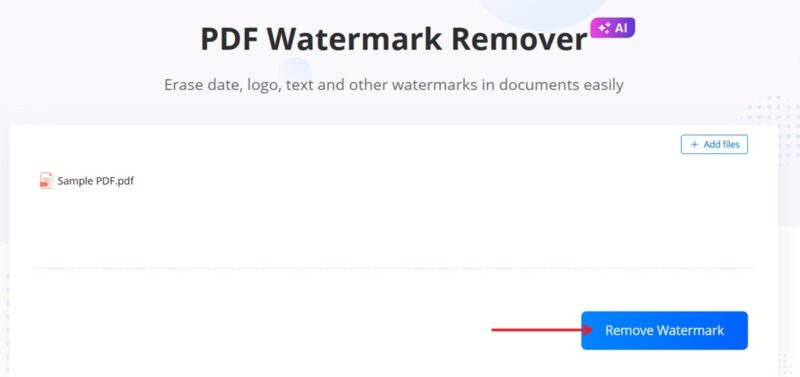 Clicking "Remove Watermark" button in LightPDF tool. 