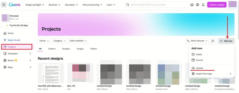 Uploading PDF with watermark in Canva. 