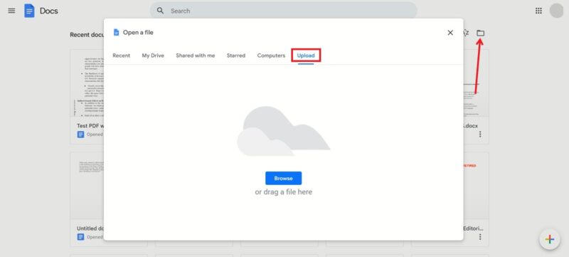 Uploading files to Google Docs view.