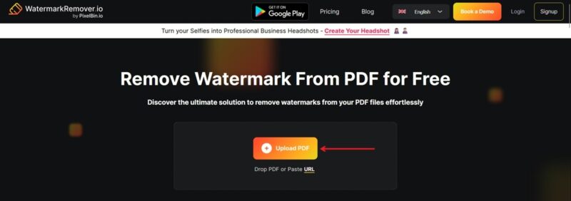 Pressing on "Upload PDF" button in Watermark Remover online tool. 
