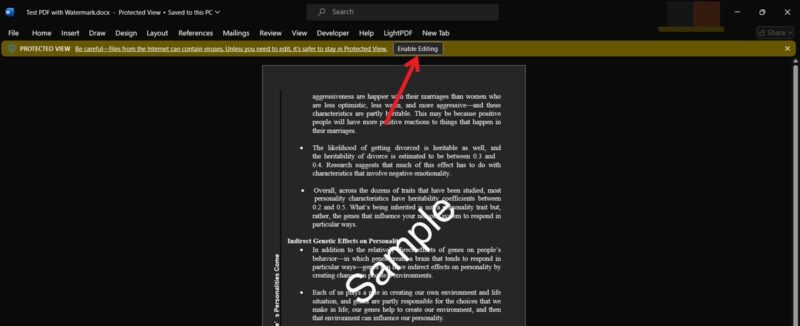 Enabling editing in Microsoft Word for PDF with watermark.