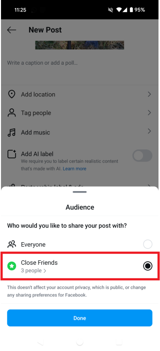 Selecting "Close Friends" option for audience of post or Reel in Instagram app for Android.