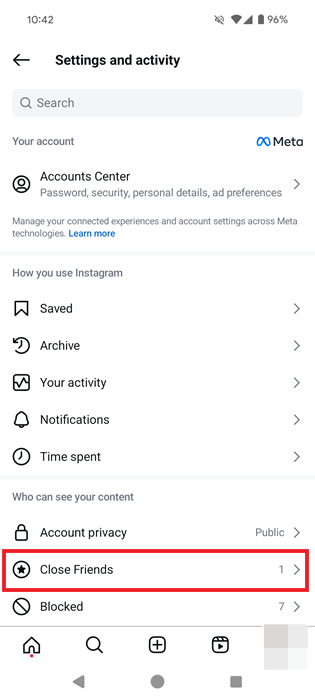 Selecting "Close Friends" option in Instagram app Settings.