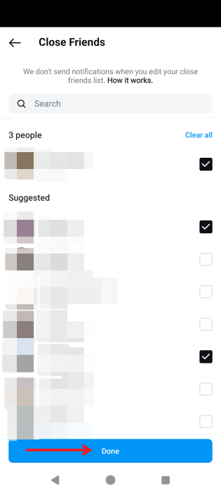 Creating Close Friends list in Instagram app.