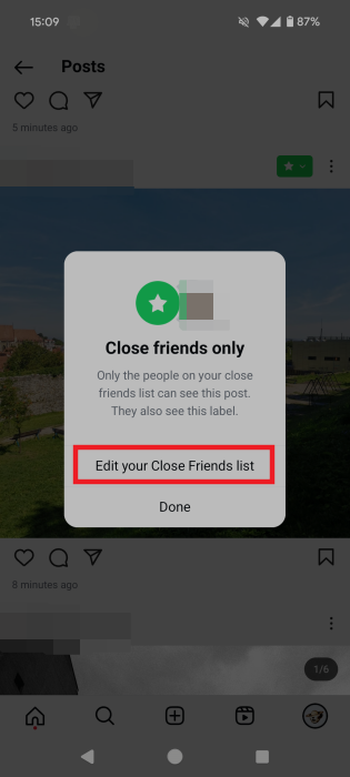 Selecting "Edit your Close Friends list" option in Instagram app for Android.