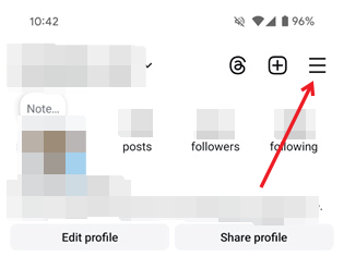 Tapping on hamburger menu in Instagram app on Android.