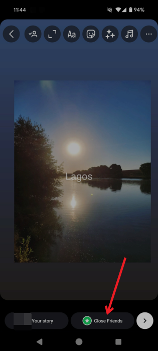 Posting Instagram Story to Close Friends on mobile app.