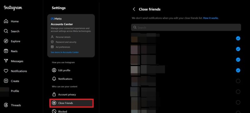Creating a Close Friends list on Instagram on PC.