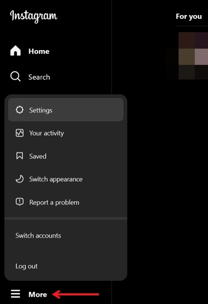 Clicking the More button in Instagram on PC.