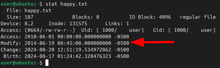 Displaying the file modification time using the stat command.