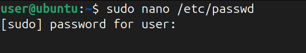 opening /etc/passwd file using nano text editor