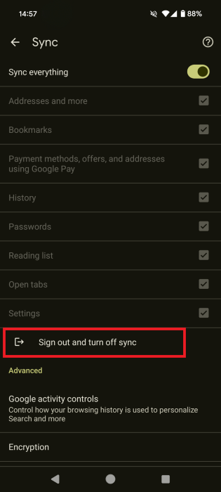 Tapping on the "Sign out and turn off sync" option in Chrome mobile app. 