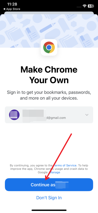 Signing in with Google account in Chrome on iPhone. 