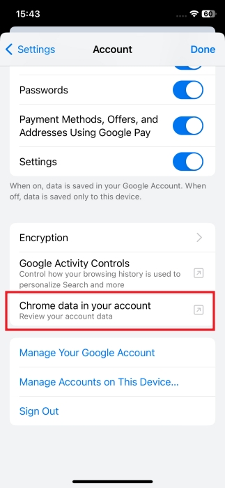 Selecting "Chrome data in your account" option in Chrome app on iPhone. 