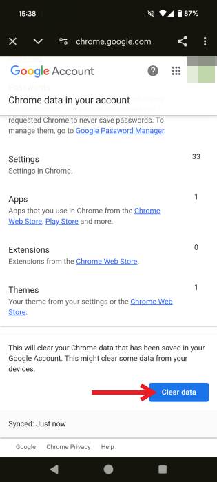 Tapping on "Clear data" button in Chrome mobile app.