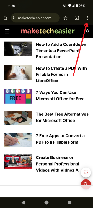 Tapping on three dots menu in Chrome mobile browser.