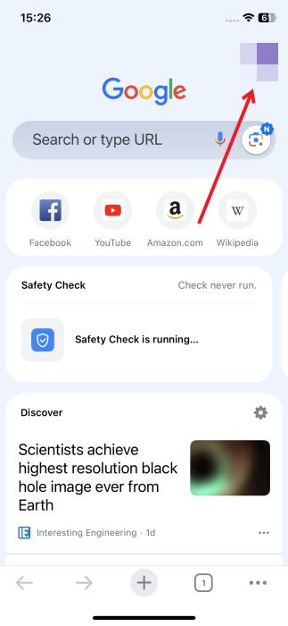 Tapping on profile picture in Chrome app on iPhone.