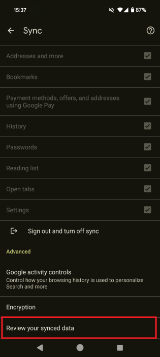 Tapping on "Review your synced data" option in Chrome Settings in the mobile app.