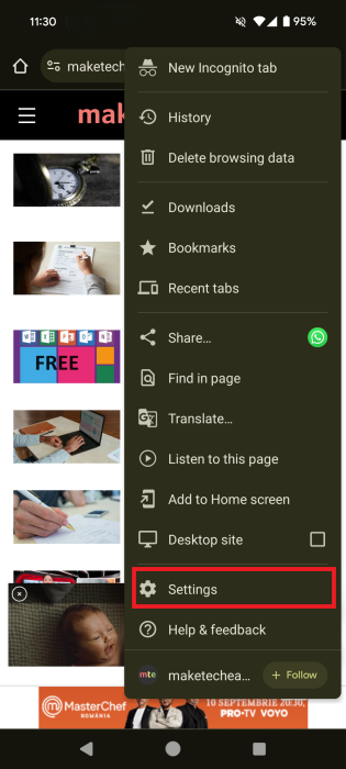 Selecting Settings option in Chrome mobile app.