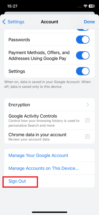 Pressing on "Sign out" button in Chrome on iPhone. 