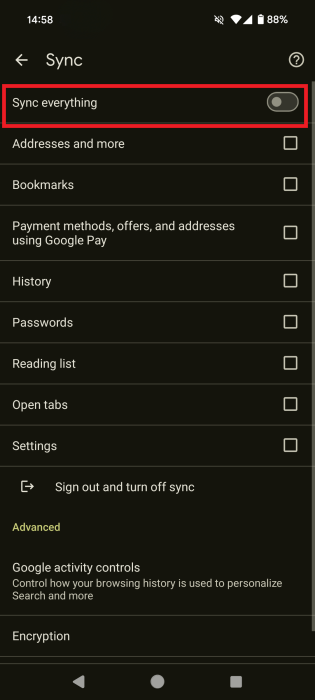Turning off "Sync everything" toggle in Chrome mobile app.