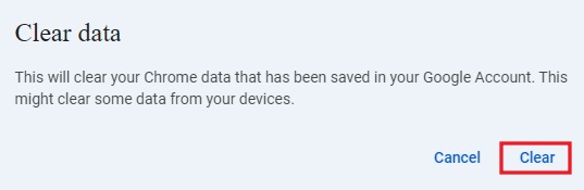 Confirming request to clear data for Chrome sync via PC.