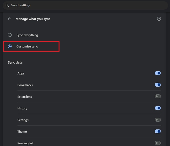 Opting for "Customize sync" option in Chrome on PC. 