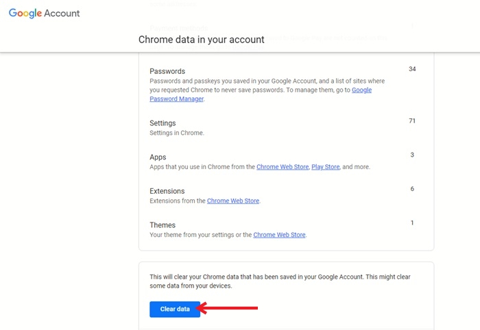 Tapping on "Clear data" button in Google Account settings on PC.