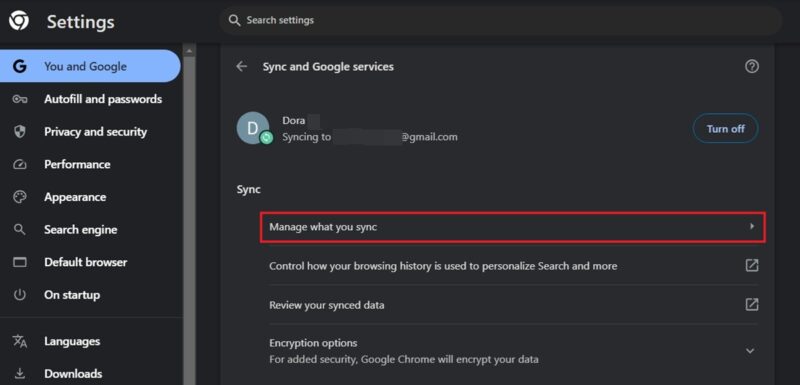 Tapping on the "Manage what you sync" option in Chrome Settings on PC.