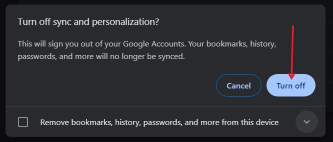 Clicking "Turn off" button in pop-up to confirm the disabling of sync in Chrome browser on PC.