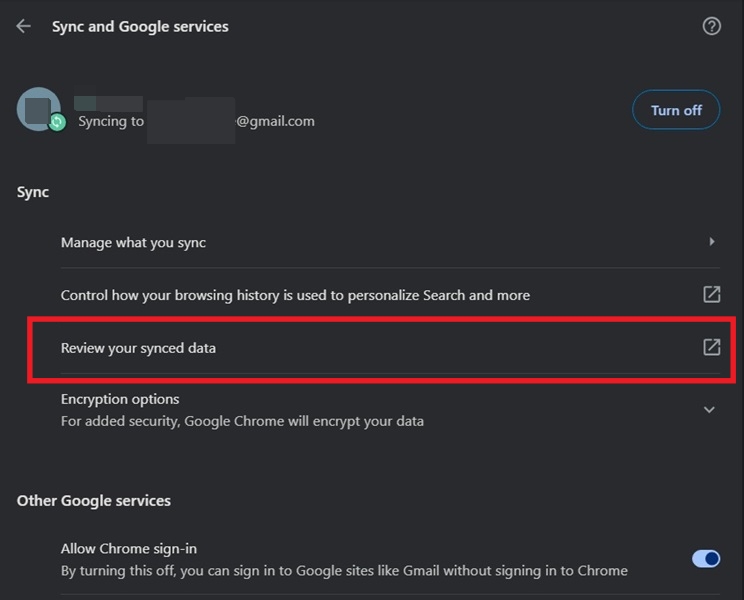 Selecting "Review your synced data" in Chrome Settings on PC.