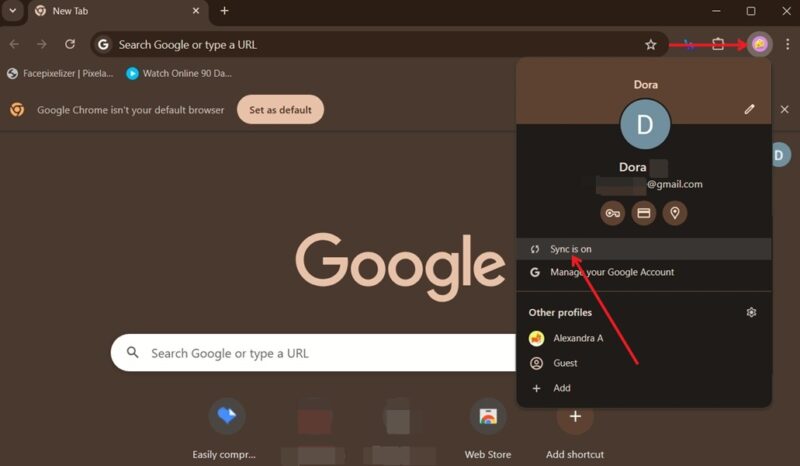 Clicking on "Sync is on" option in Chrome browser on PC.
