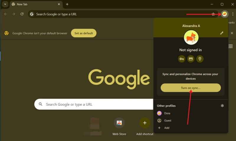 Selecting "Turn on sync" in Chrome browser on PC.